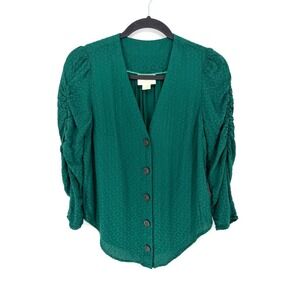Maeve Anthropologie Emerald Green Jacquard Ruched Puff Sleeve Blouse Size 0